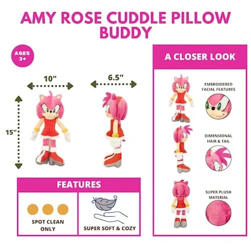 Franco Amy Rose Plush Cuddle Pillow Buddy 46cm (18.5") | Officially Licensed Sonic The Hedgehog Toy for Kids thumbnail 4