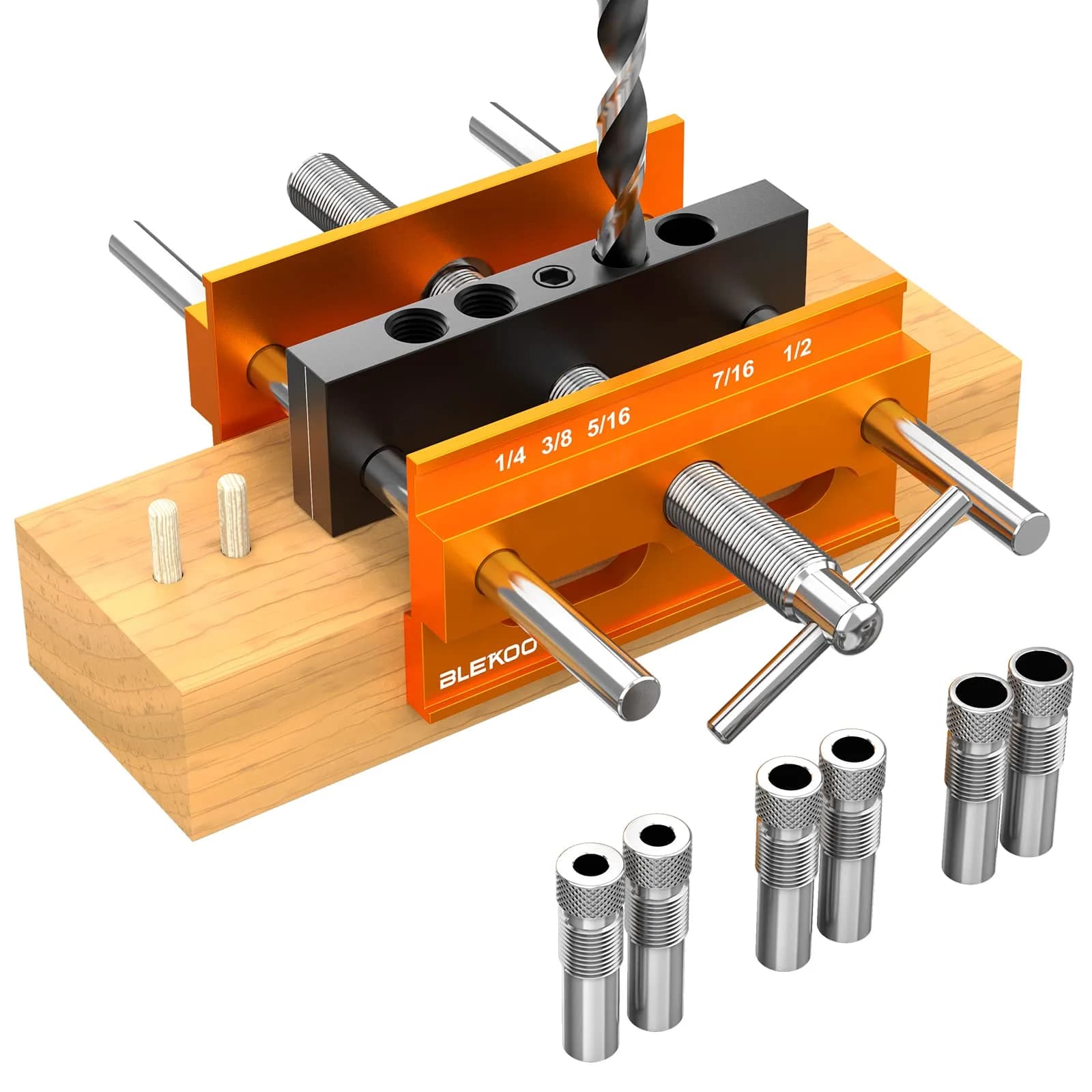 blekoo Self Centering Doweling Jig Kit with 6 Drill Bushings, Adjustable Width Drilling Guide | Aircraft Grade Aluminium Alloy — Gold / Large