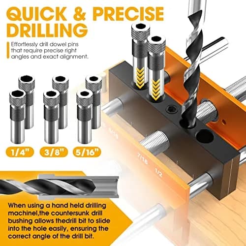 blekoo Upgraded Self Centering Doweling Jig Kit with 6 Drill Guide Bushings, 6.7 inch Adjustable Width Drilling Guide | Orange thumbnail 4