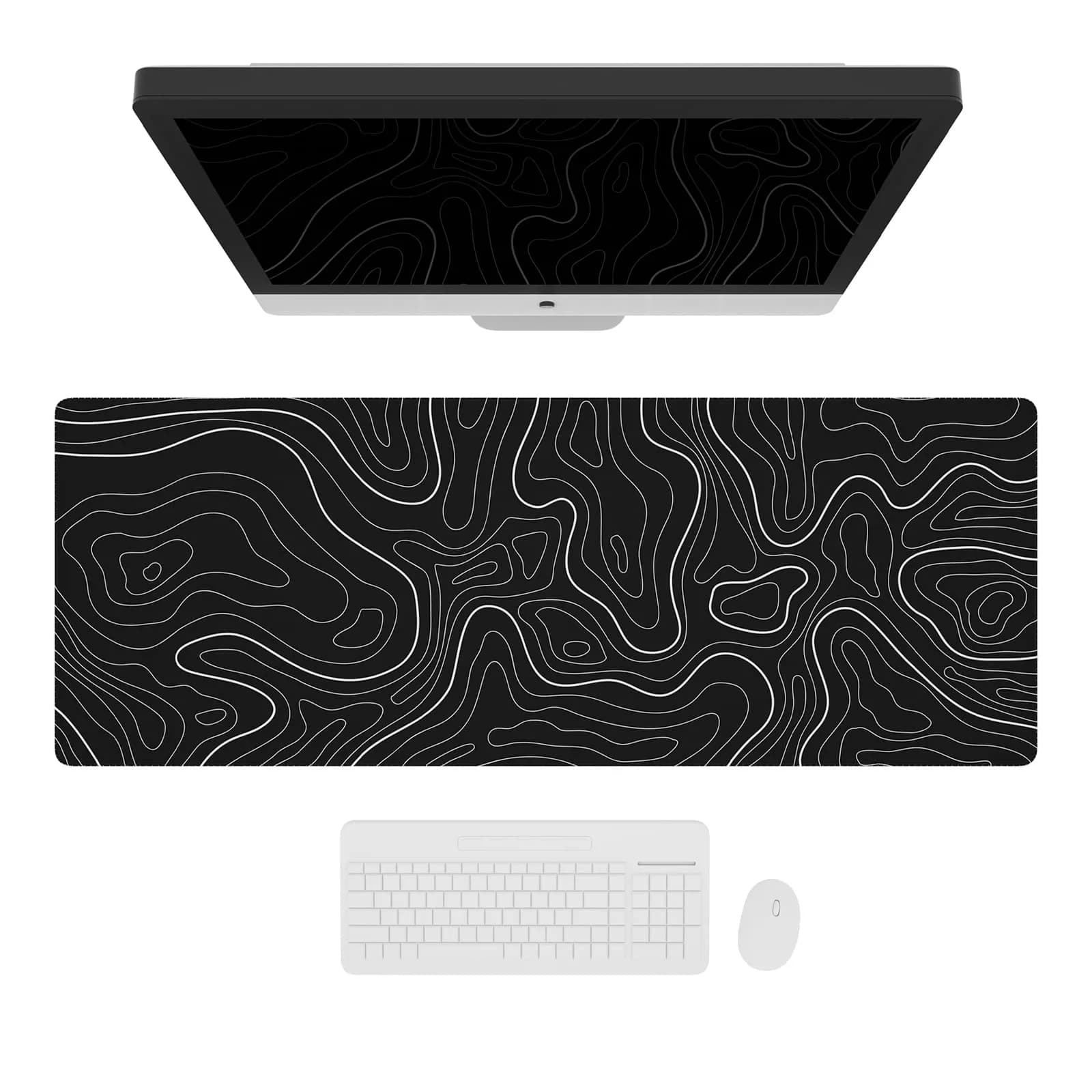 Ovenbird Large Gaming Mouse Pad with Stitched Edges | Minimalist Topographic Map Desk Mat, Extended XL, Anti-Slip Base, White — Black Topo / Extended X-Large