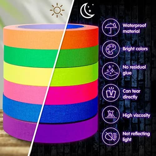 Whaline Neon Gaffer Cloth Tape 6 Colors, 15mm x 18m (0.6 inch x 60 ft) | Glows Under UV Blacklight for Parties thumbnail 3