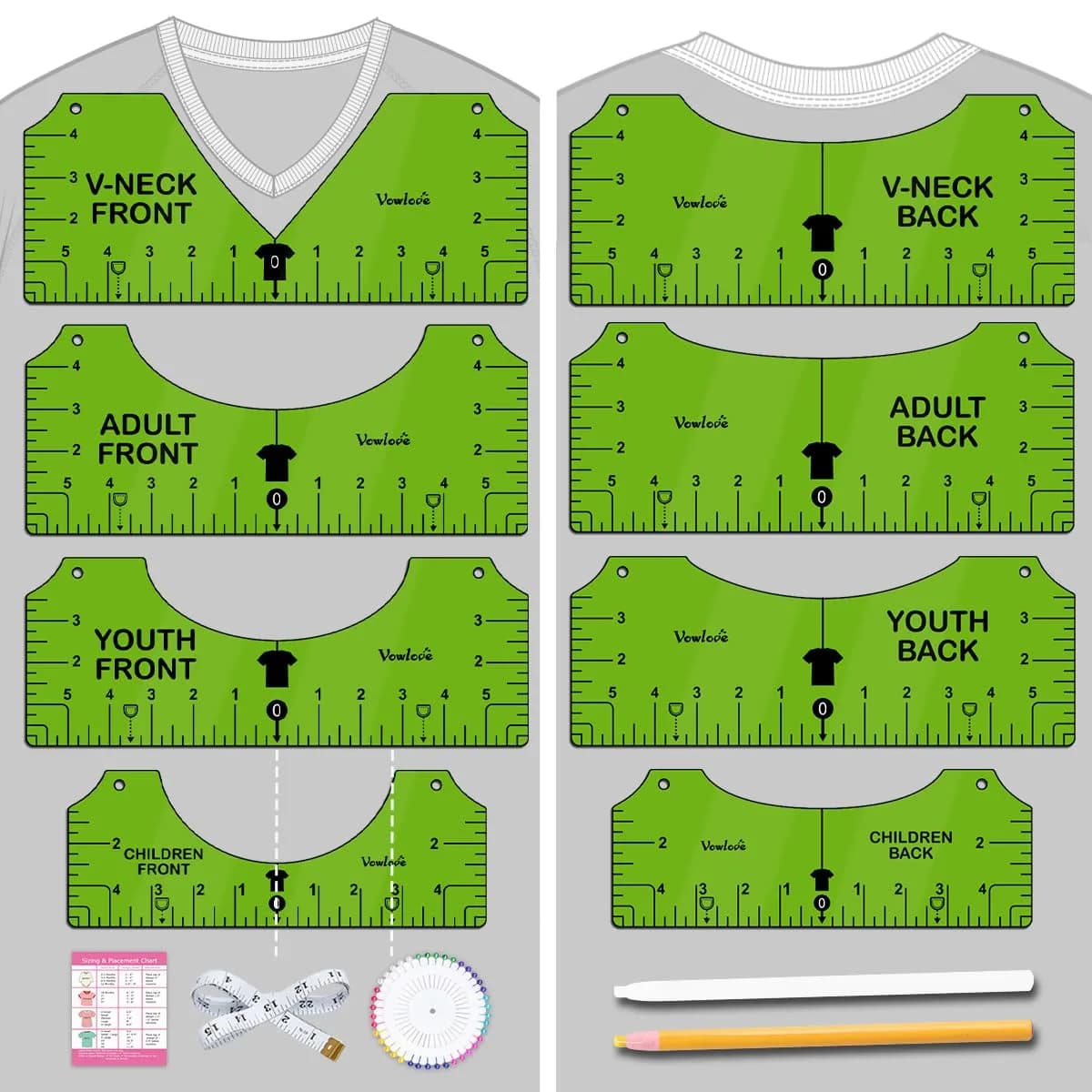 Vowlove T-Shirt Placement Guide for Cricut Heat Press and Vinyl Transfers | Reusable PVC Ruler for Shirt Making