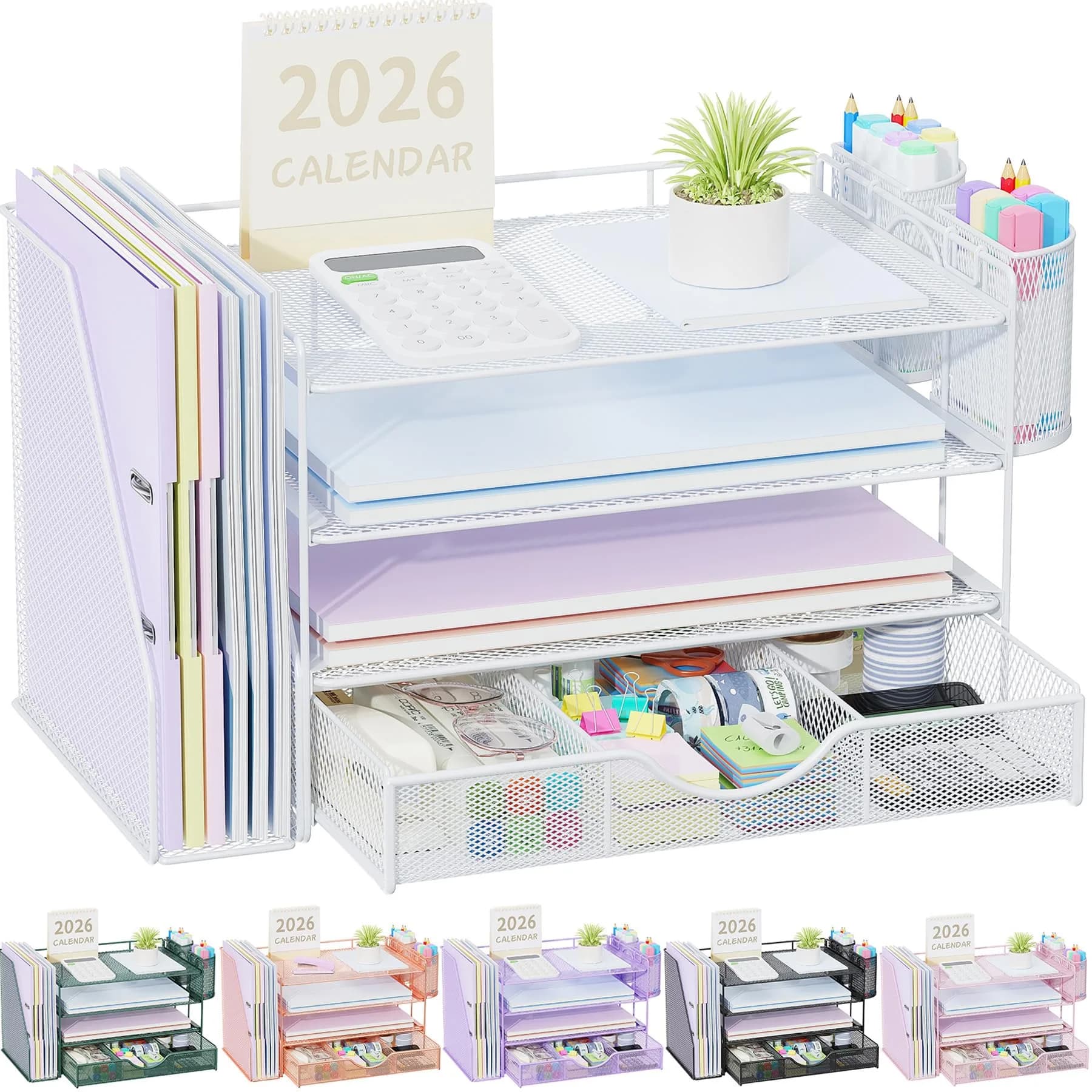gianotter 4-Tier Desk Organizer with Drawer & File Holder, White | Modern Metal Mesh Workspace Organizer