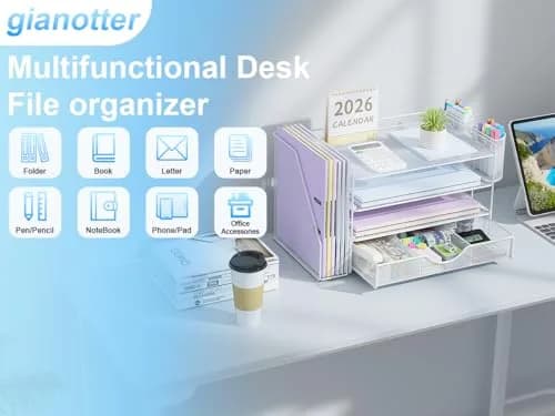 gianotter 4-Tier Desk Organizer with Drawer & File Holder, White | Modern Metal Mesh Workspace Organizer thumbnail 4