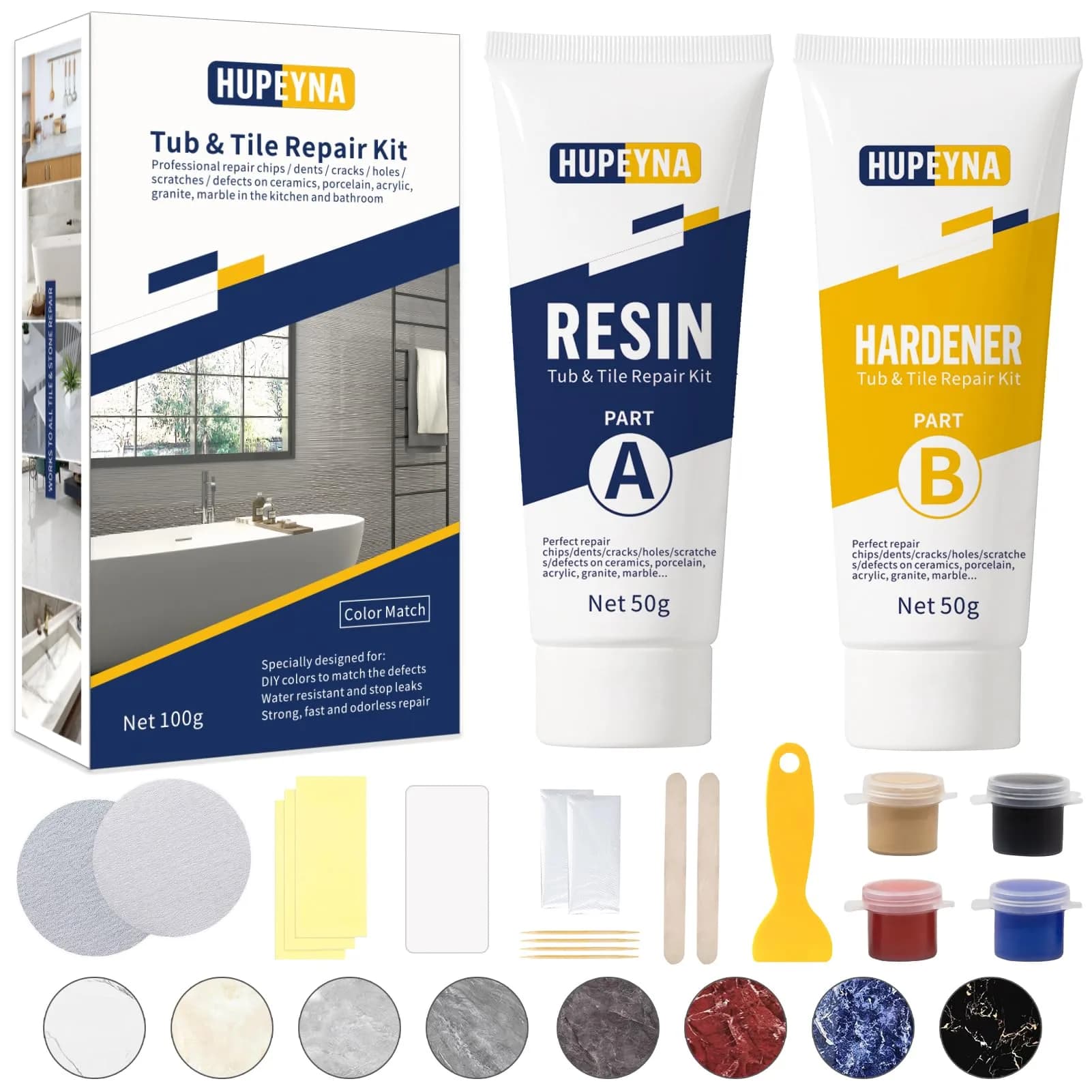 Hupeyna Tub, Tile & Shower Repair Kit (Color Match) | Porcelain & Fiberglass Restoration (100-120c) - main product image