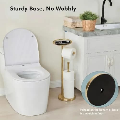 Sfemn Freestanding Toilet Paper Holder with Shelf, Gold Finish | 26-inch Tall, Extra 4 Rolls Storage thumbnail 5