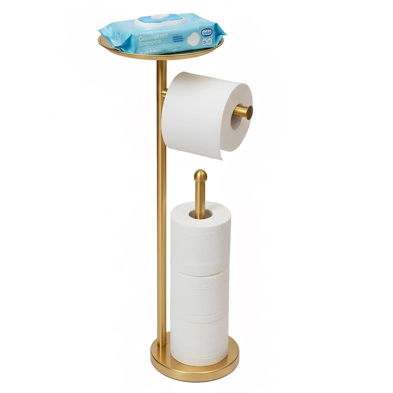 Sfemn Freestanding Toilet Paper Holder with Shelf, Gold Finish | 26-inch Tall, Extra 4 Rolls Storage - main product image