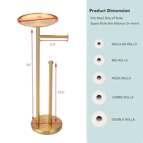Sfemn Freestanding Toilet Paper Holder with Shelf, Gold Finish | 26-inch Tall, Extra 4 Rolls Storage thumbnail 9