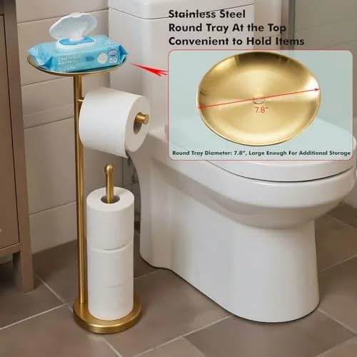Sfemn Freestanding Toilet Paper Holder with Shelf, Gold Finish | 26-inch Tall, Extra 4 Rolls Storage thumbnail 2