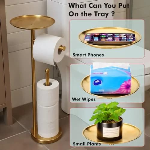 Sfemn Freestanding Toilet Paper Holder with Shelf, Gold Finish | 26-inch Tall, Extra 4 Rolls Storage thumbnail 3