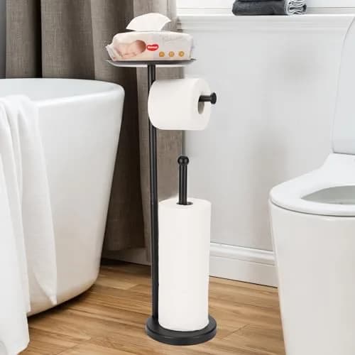 Sfemn Black Toilet Paper Holder Stand, Freestanding with Shelf & Storage, 26-inch thumbnail 1