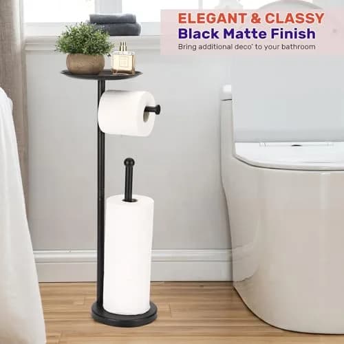 Sfemn Black Toilet Paper Holder Stand, Freestanding with Shelf & Storage, 26-inch thumbnail 6