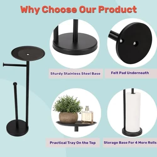 Sfemn Black Toilet Paper Holder Stand, Freestanding with Shelf & Storage, 26-inch thumbnail 7