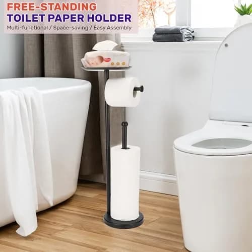 Sfemn Black Toilet Paper Holder Stand, Freestanding with Shelf & Storage, 26-inch thumbnail 2