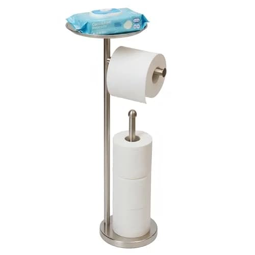 Sfemn Freestanding Toilet Paper Holder with Shelf, Brushed Nickel | 26-inch Tall, Extra 4 Rolls Storage thumbnail 1