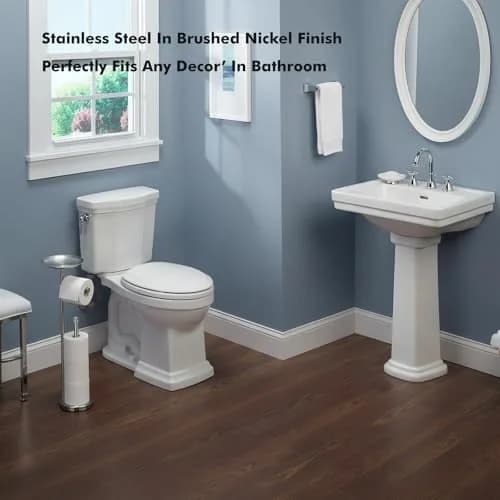Sfemn Freestanding Toilet Paper Holder with Shelf, Brushed Nickel | 26-inch Tall, Extra 4 Rolls Storage thumbnail 7