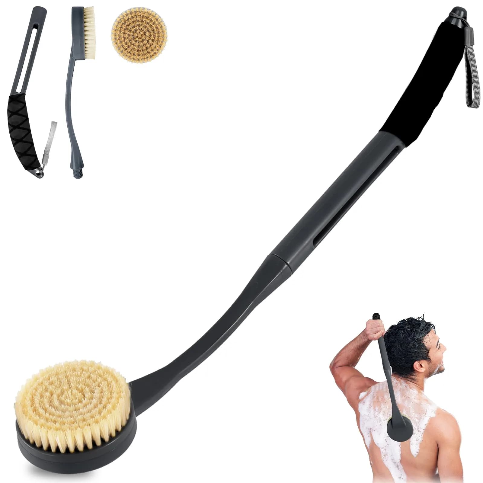 BTideas Detachable Back Bath Brush with Long Handle for Shower, 55cm (21.7") Black | Exfoliates & Cleans Hard-to-Reach Areas — Grey