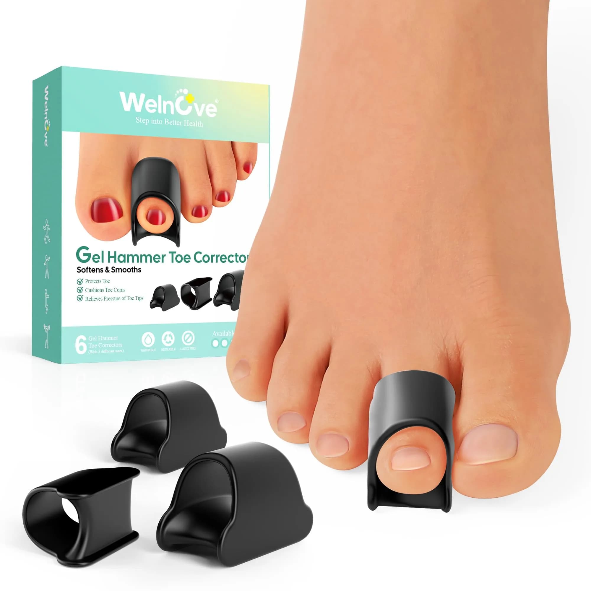 Welnove Gel Toe Straighteners - 6 Pack Soft Gel Toe Splints for Bent, Crooked, Claw Toes - Black | 3 Sizes Included