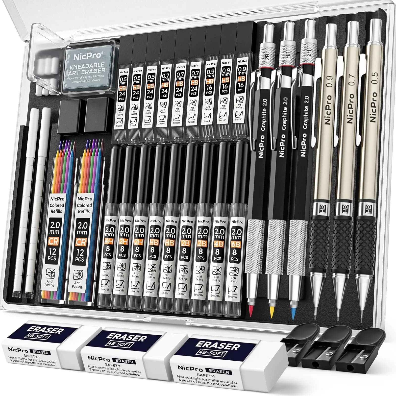 Nicpro Mechanical Pencil Set with 35PCS Art Leads, Erasers & Sharpeners | 0.5/0.7/0.9/2.0mm Fine Point - main product image