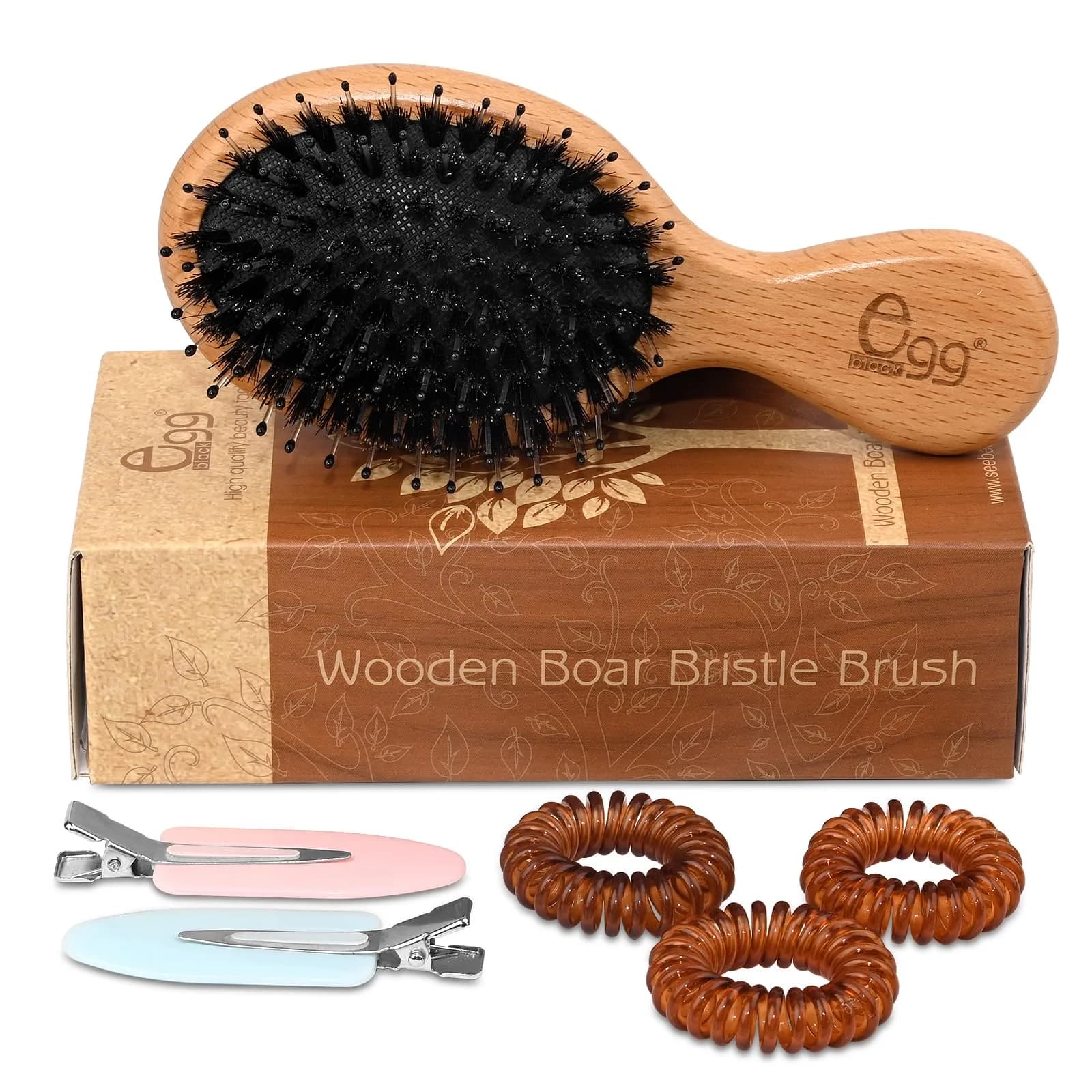 BLACK EGG Boar Bristle Hair Brush for Thin Fine Hair | Natural Bristles, Beech Wood Handle, Oval Shape — MINI BROWN