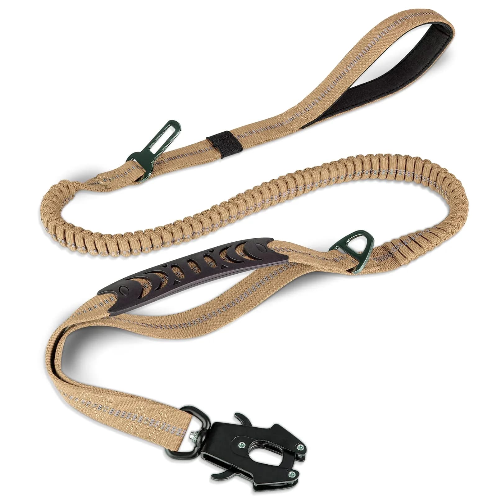 Joytale Tactical Dog Leash 6 ft | Shock Absorbing No Pull, Orange, Heavy Duty, Reflective, Dual Handles, Car Seatbelt Clip — Coyote Brown