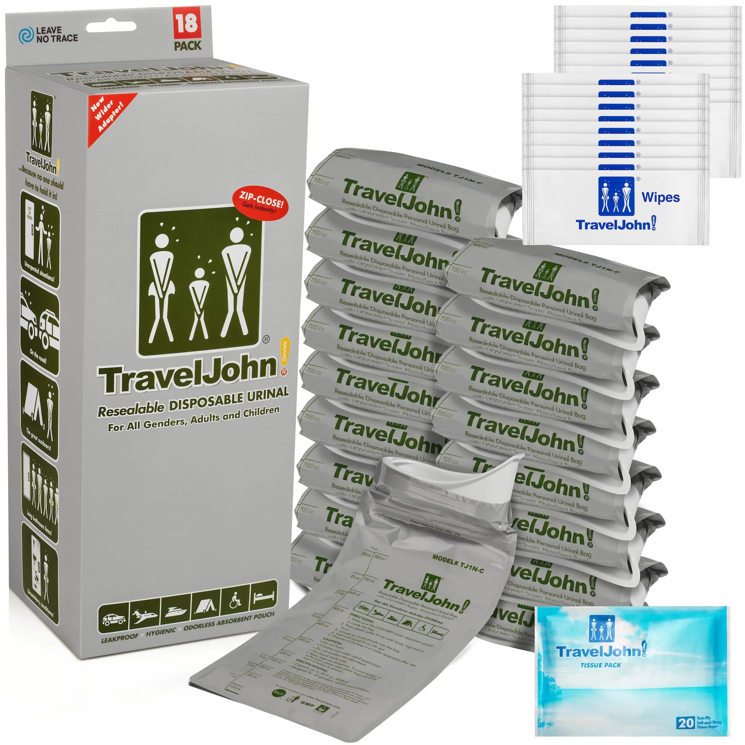 TravelJohn Resealable Disposable Urinal Bags 28oz | Odorless, Leakproof, Reusable for Travel & Camping