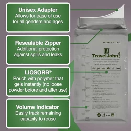 TravelJohn Resealable Disposable Urinal Bags 28oz | Odorless, Leakproof, Reusable for Travel & Camping thumbnail 2