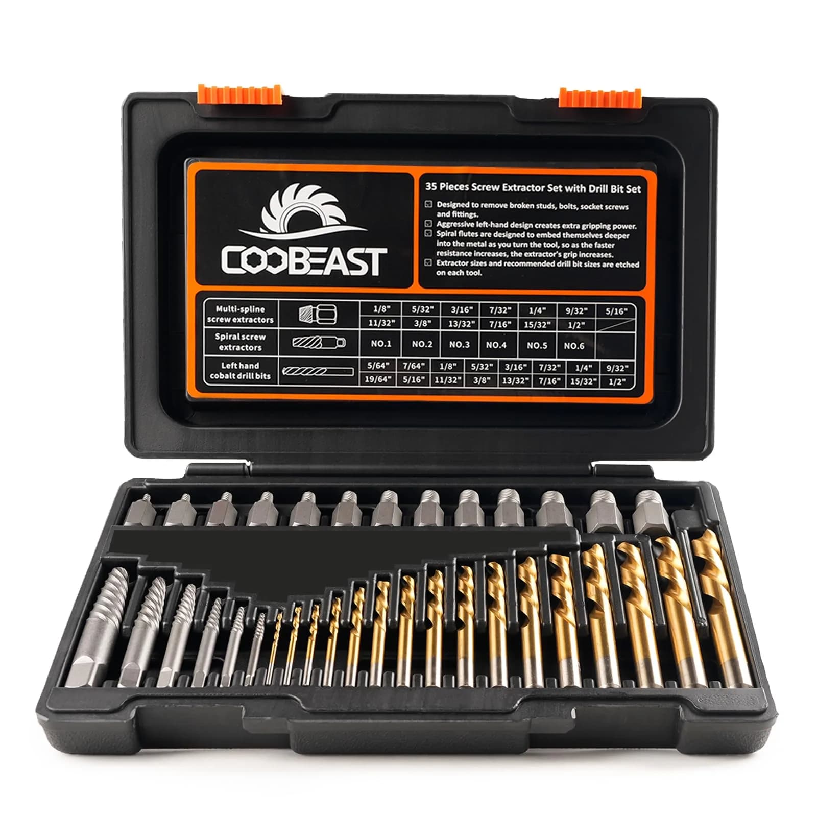 coobeast 35 Pcs Screw Extractor Set,Left Hand Drill Bits Set Screw Extractor Kit | Versatile, Sharp & Durable for Home & Mechanical Use — Black