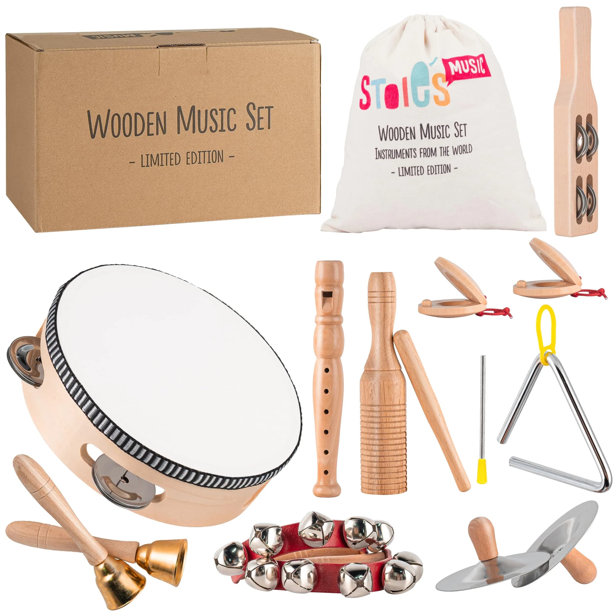 Stoie's Wooden Toddler Musical Instruments with Drum, Flute, Hand Bells, Cymbals, Castanets, Triangle | Montessori Eco Friendly Toy