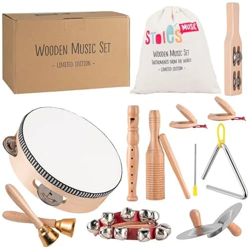 Stoie's Wooden Toddler Musical Instruments with Drum, Flute, Hand Bells, Cymbals, Castanets, Triangle | Montessori Eco Friendly Toy thumbnail 1