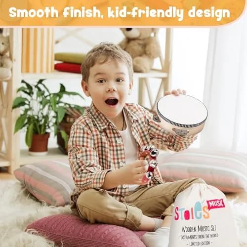 Stoie's Wooden Toddler Musical Instruments with Drum, Flute, Hand Bells, Cymbals, Castanets, Triangle | Montessori Eco Friendly Toy thumbnail 5