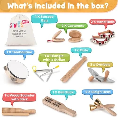 Stoie's Wooden Toddler Musical Instruments with Drum, Flute, Hand Bells, Cymbals, Castanets, Triangle | Montessori Eco Friendly Toy thumbnail 2