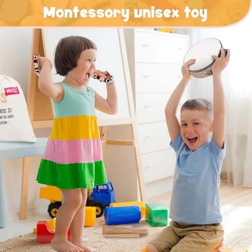 Stoie's Wooden Toddler Musical Instruments with Drum, Flute, Hand Bells, Cymbals, Castanets, Triangle | Montessori Eco Friendly Toy thumbnail 3