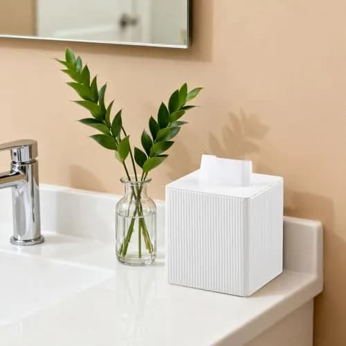 Cretkhp PU Leather Square Tissue Box Cover Ivory | Modern Bedroom & Bathroom Accessory thumbnail 5