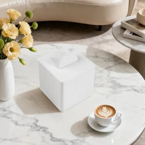 Cretkhp PU Leather Square Tissue Box Cover Ivory | Modern Bedroom & Bathroom Accessory thumbnail 6
