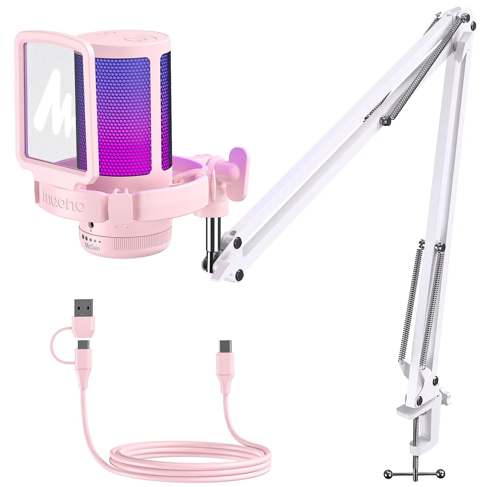 MAONO DGM20S USB Microphone for PC with Clear Voice & Noise Reduction | RGB Lighting, Plug & Play, Noise Cancellation — Pink / DGM20S