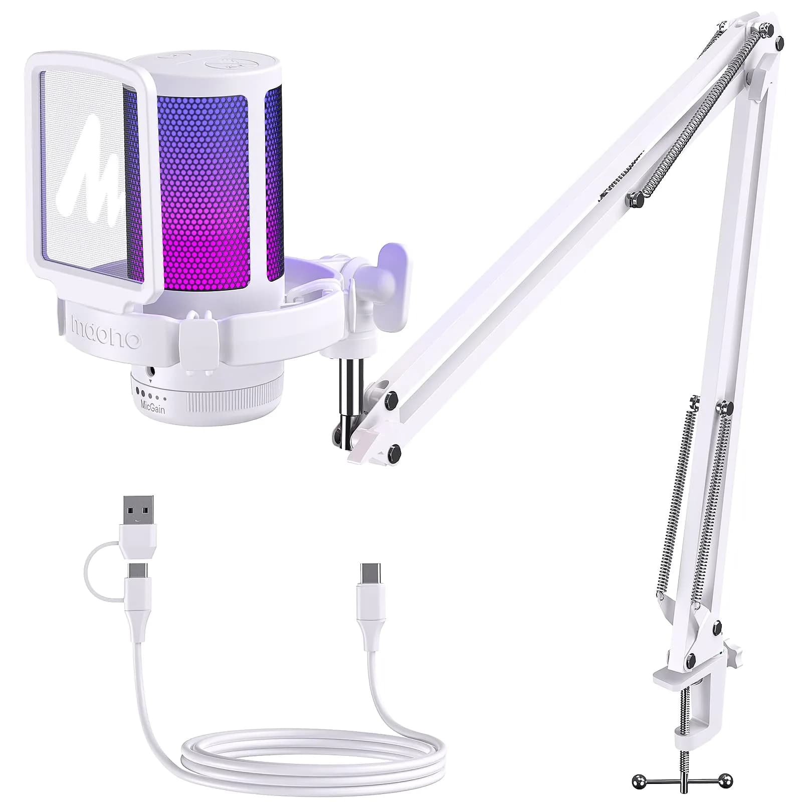 MAONO DGM20S USB Microphone for PC with Clear Voice & Noise Reduction | RGB Lighting & Noise Cancellation — White / DGM20S