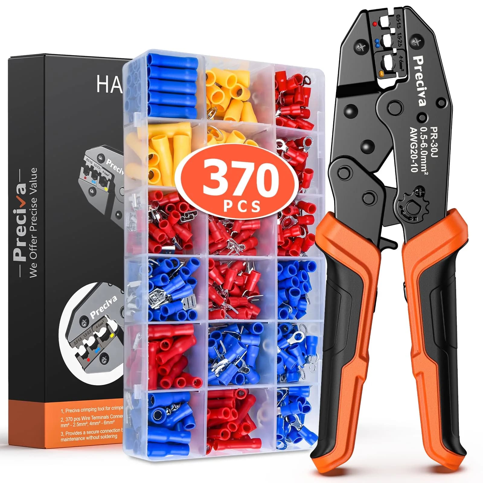 Preciva Ratcheting Wire Terminal Crimper Kit AWG20-10 (0.5-6mm²) with 400 Insulated Connectors | Professional Electrical Tool — Blue,red