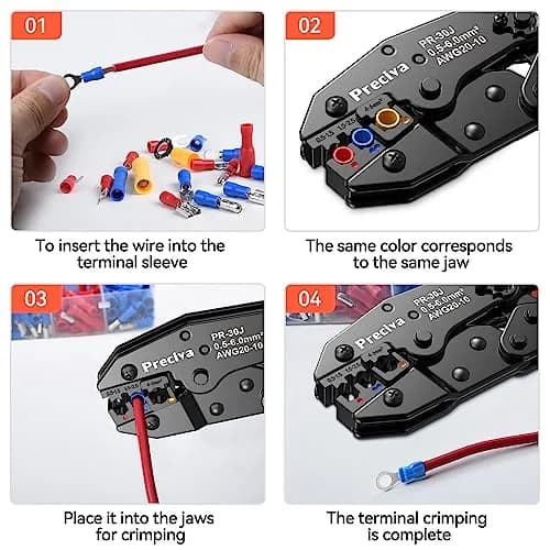 Preciva Ratcheting Crimping Tool Kit AWG20-10 with 370PCS Insulated Connectors | Ergonomic Handle & Color-Coded Jaws thumbnail 5