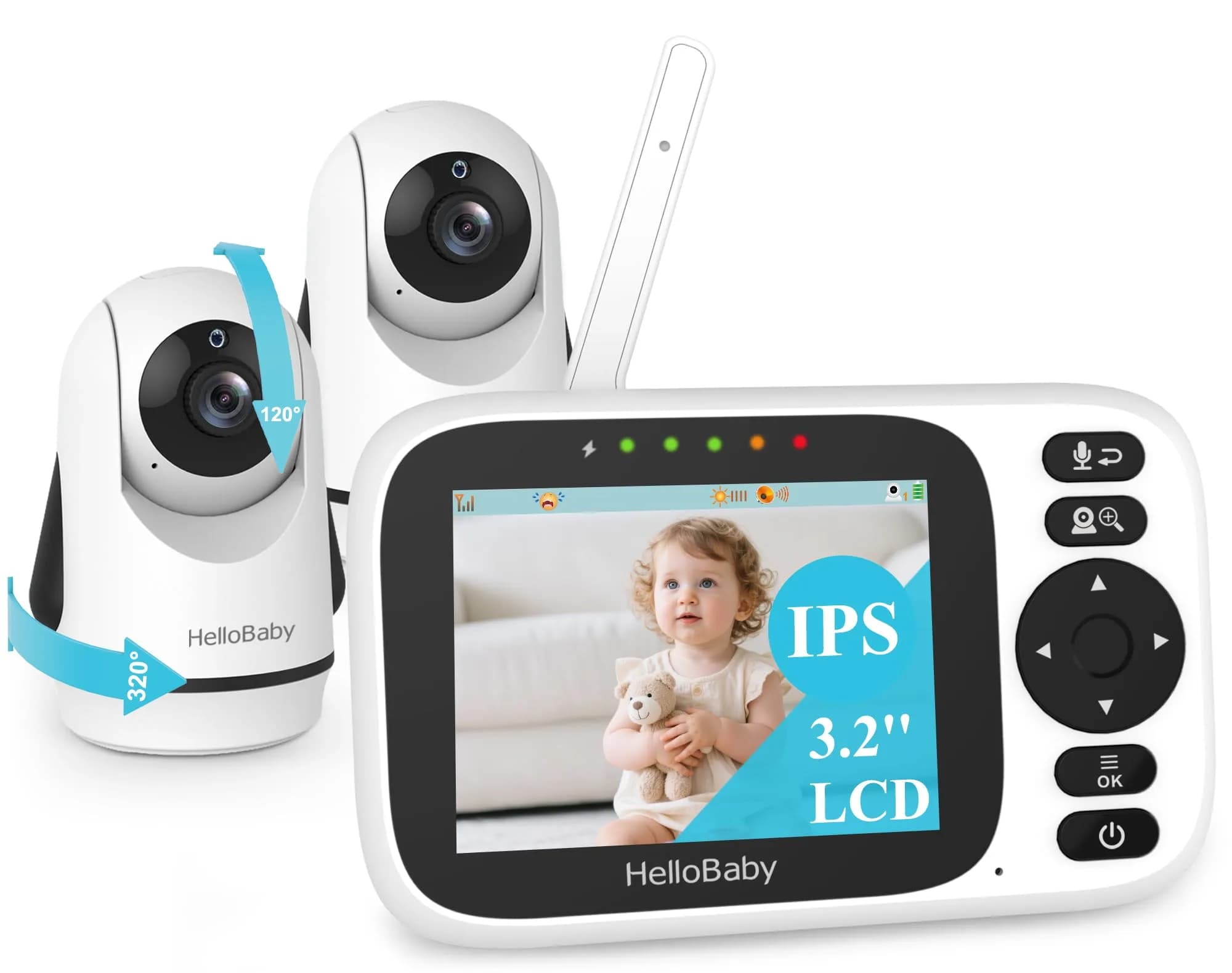 HelloBaby Baby Monitor 2 Cameras No WiFi with 3.2 Inch Screen | Remote PTZ, 1000ft Range, 2-Way Talk
