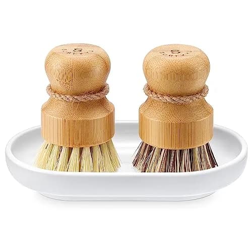 SUBEKYU Bamboo Dish Scrub Brushes Set with Tray, Natural Sisal + Coconut Palm Bristles, Set of 2 | Compostable Cleaning Brushes for Kitchen thumbnail 1