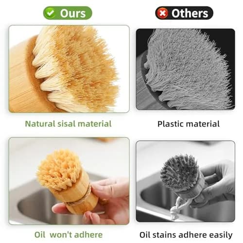 SUBEKYU Bamboo Dish Scrub Brushes Set with Tray, Natural Sisal + Coconut Palm Bristles, Set of 2 | Compostable Cleaning Brushes for Kitchen thumbnail 4