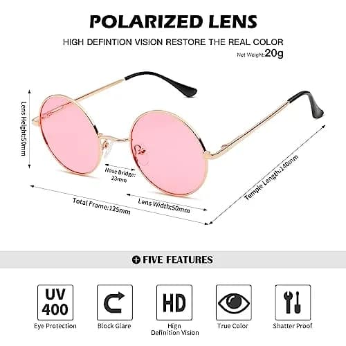Pro Acme Small Round Sunglasses: Gold Frame with Transparent Pink Lens, Polarized UV400 thumbnail 4