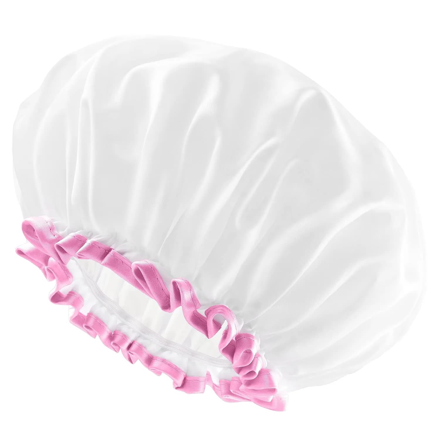 mikimini Large Shower Cap for Long Hair, White, 30cm (12 inch) | Waterproof & Reusable Hair Protection — White+Pink Lace
