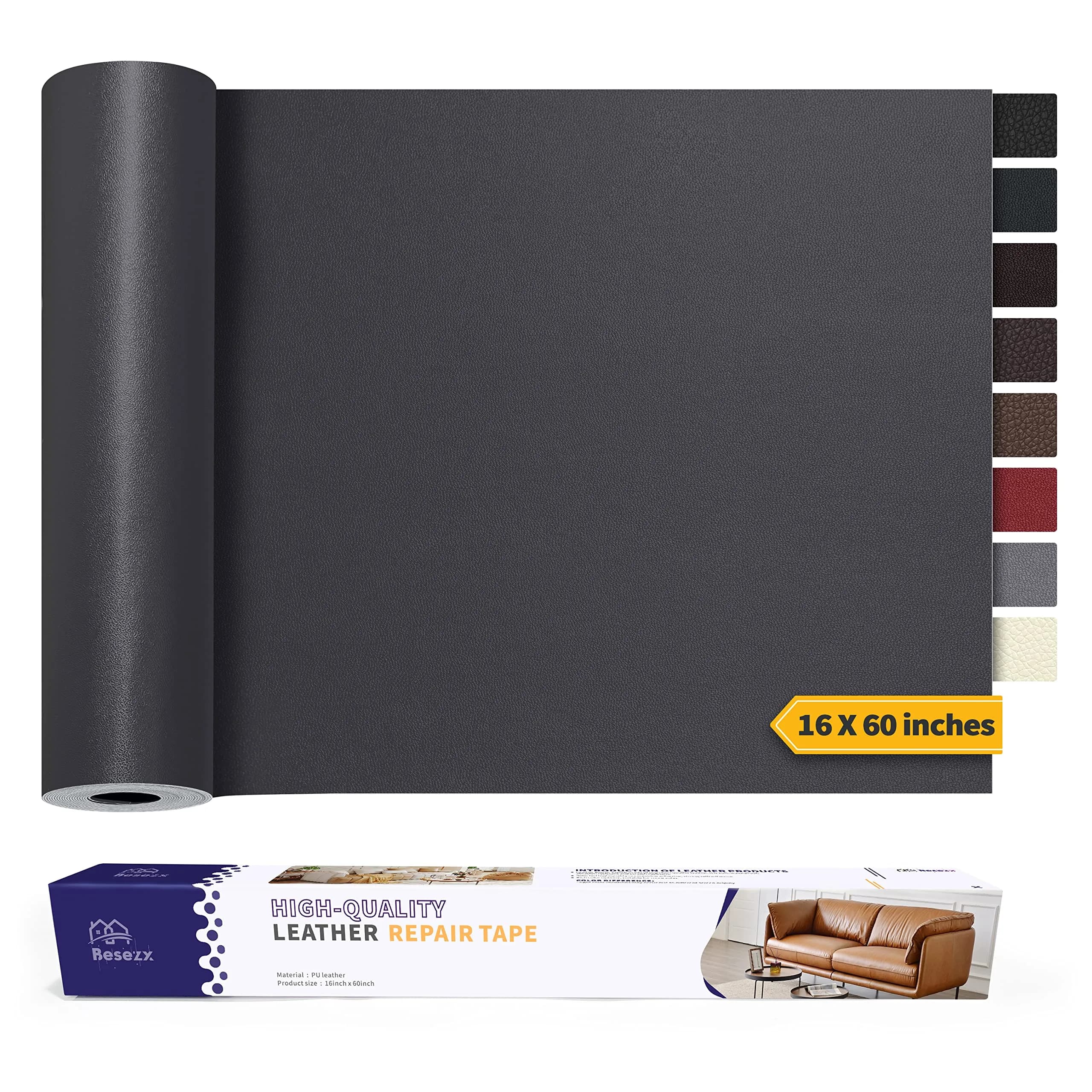 Besezx Leather Repair Patch Tape Kit Dark Gray 1.52 m x 40.6 cm (60" x 16") | Self-Adhesive for Furniture, Sofas, Car Seats — Dark Gray