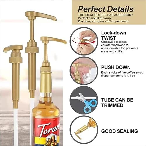 Kinfira 6 Pcs Coffee Syrup Pump Dispenser - Premium Skinny Syrup Pumps Fit for 25.4oz Torani Davinci Bottles (Gold) | Precise Portion & Mess-Free thumbnail 4