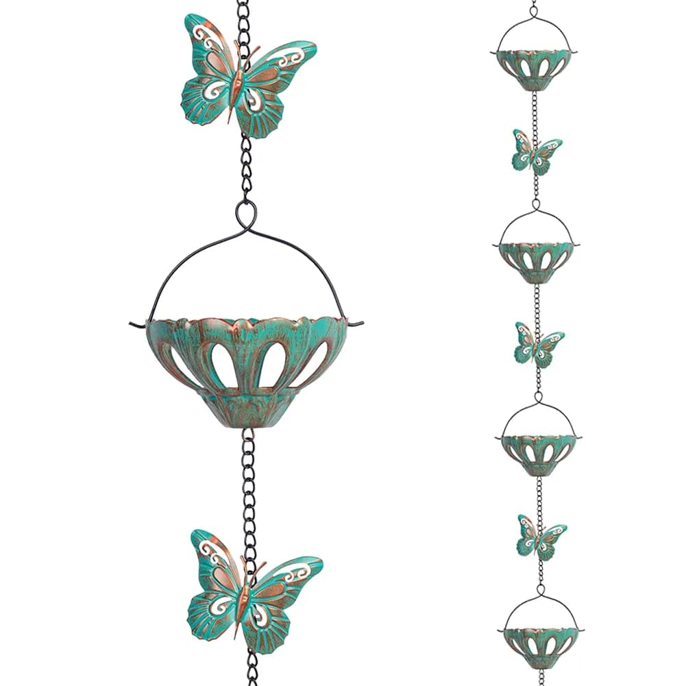 Qipade 8.3 FT Lotus Rain Chain with 12 Cups | Durable Metal Gutter Decor — Green Butterfly
