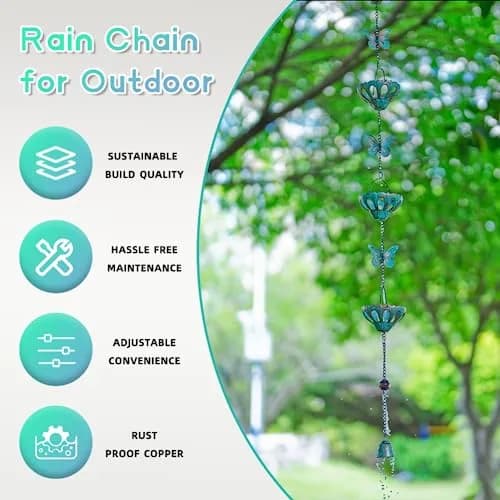 Qipade 12FT Rain Chains for Outside, Butterfly Rain Chain with 12 Cups | Durable Copper-Coated Metal thumbnail 3