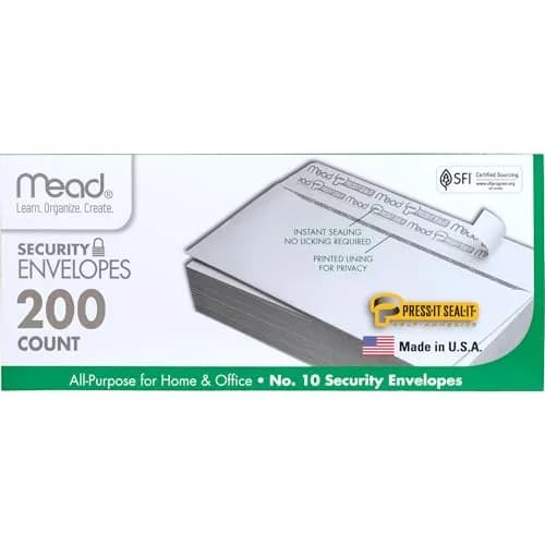 Mead #10 Security Business Envelopes 10.5cm x 24.1cm (4-1/8" x 9-1/2") | Peel and Seal, Privacy Lined, No-Window, Press-It Seal-It Self-Adhesive for Home & Office Mailing, 200 Count thumbnail 1
