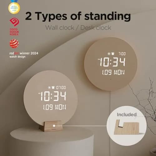 mooas Full Moon LED Silent Wooden Digital Wall Clock with Remote Control, 11.6 in (29.5 cm) Round | Sunrise Alarm & Nightlight thumbnail 2